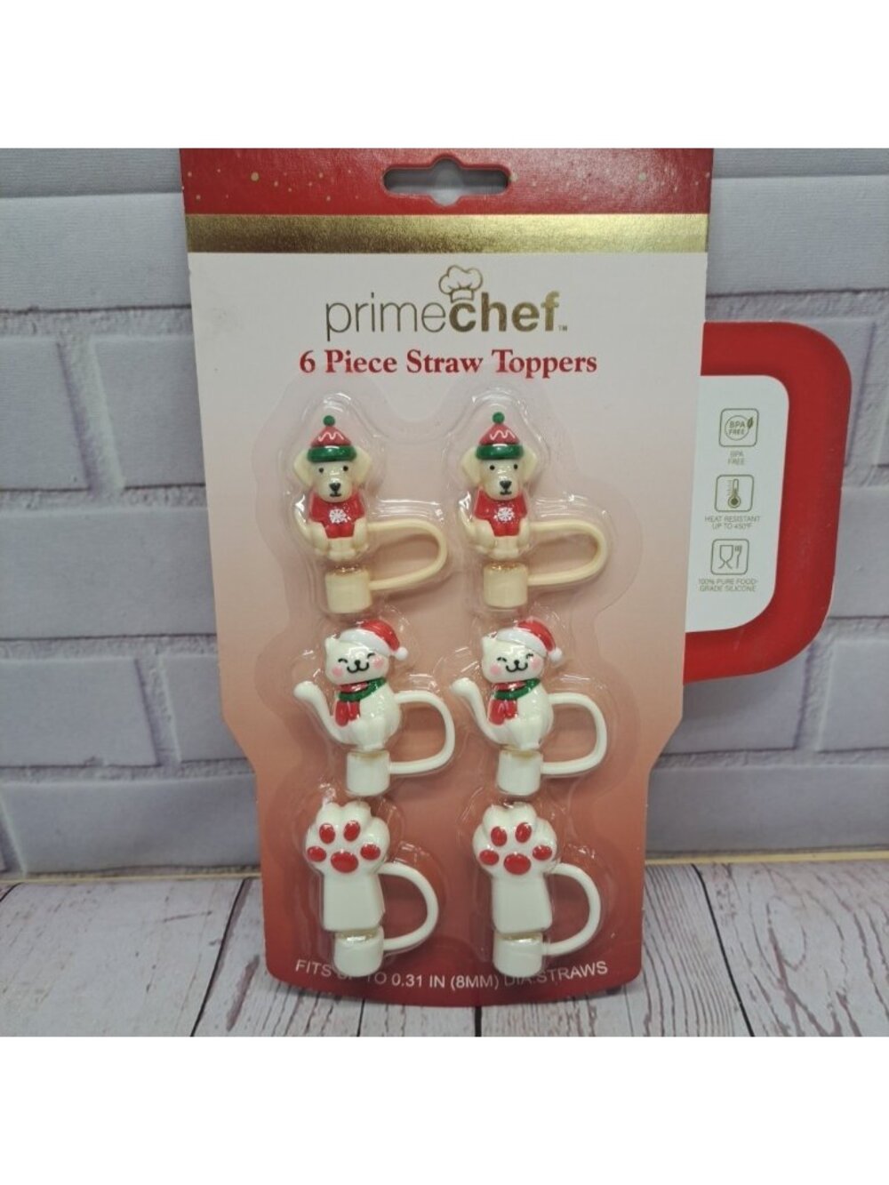 NWT Christmas Themed Dog & Cats 6pc‎ Straw Toppers, Up To 8mm Straws